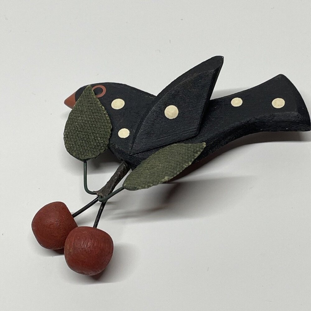 Rare Vintage 1970's Painted Black Polka Dot Bird & Cherries Brooch Handmade Wood